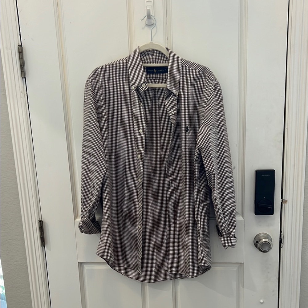 EUC Ralph Lauren shirt. Brown and white checkered. Size Large